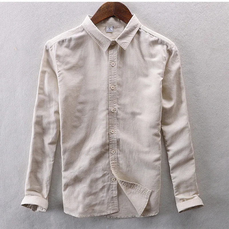 New Fashion Casual Linen Shirt Men White Solid Long Sleeve Shirts Men Cotton Brand Mens Shirt 8color S-3XL camisa masculina