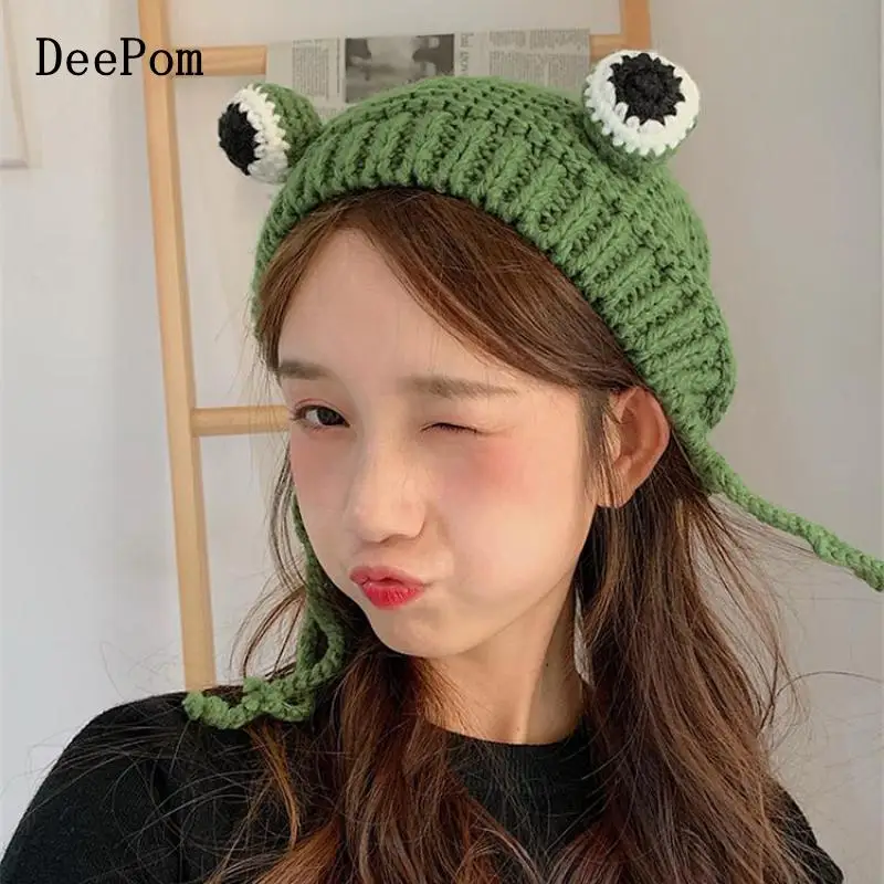 DeePom Handmade Cartoon Cute Frog Big Eyes Knitting Hats For Women Children Korean Style Winter Beanie Women Hats Christmas Gift