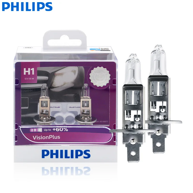 Philips H1 12V 55W P14.5s VisionPlus Halogen Car Headlight VP +60% More Bright Light Auto Lamps Original Bulbs 12258VPS2, 2X