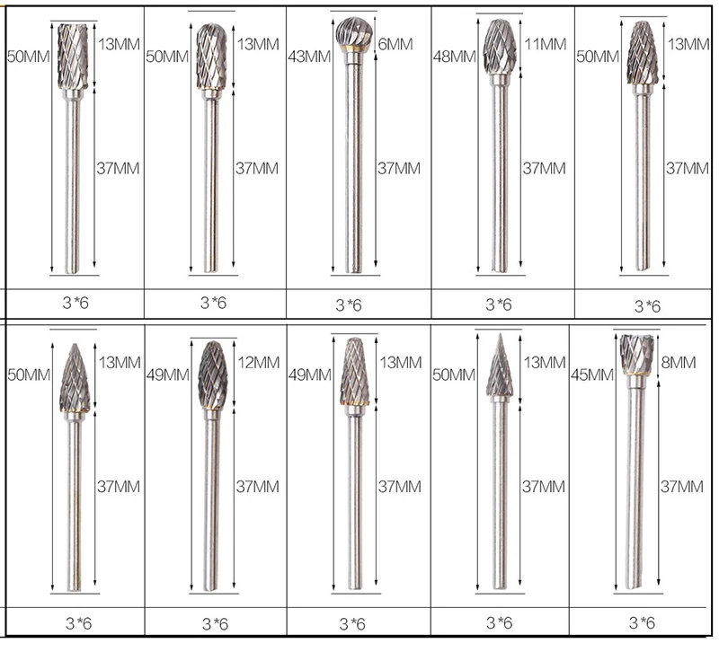 10 pz/set 6mm carburo di tungsteno doppio taglio punto rotante Burr 1/8 "gambo misura utensili rotanti Die smerigliatrice gambo rotante Burr strumenti caldo