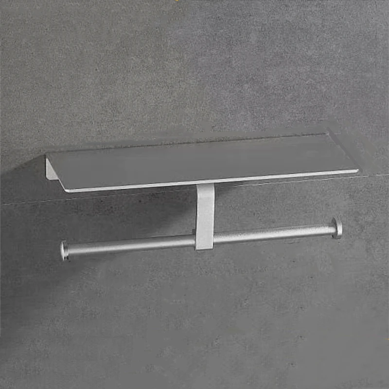 Toilet Paper Holder Black/Silver Aluminum Double Row Roll Paper Shelf Wall Mounted Mobile Phone Rack Paper Towel Storage Rack