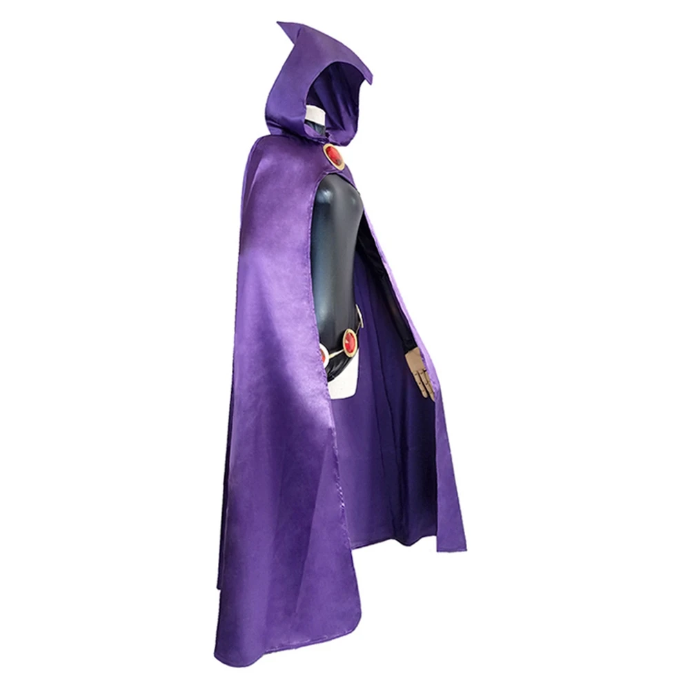 Teen Titans Super Hero Raven Cosplay Costume donna body nero viola mantello con cappuccio tute Costume da festa di Halloween