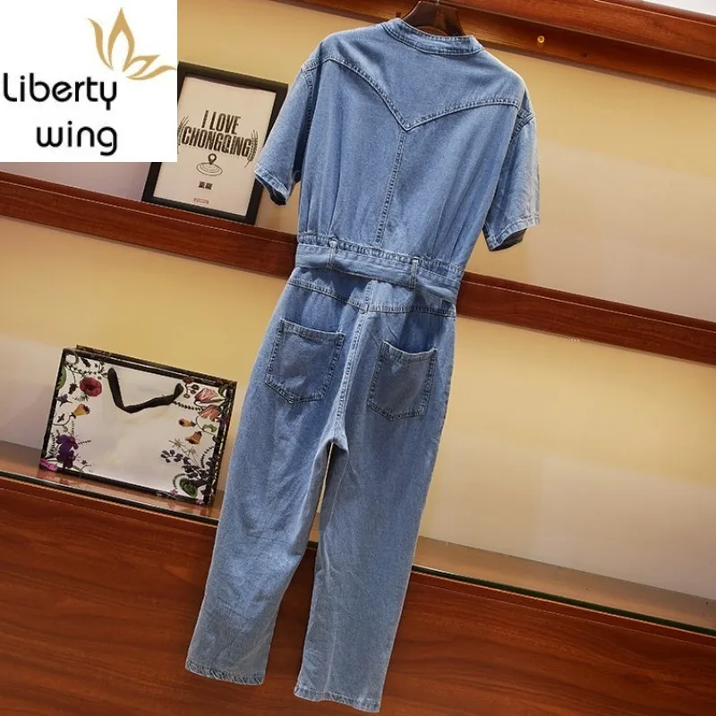 Zomer Korte Mouw Vrouwen Enkele Breasted Een Stuk Jumpsuit Overalls Losse Fit Zakken Jeans Rompertjes Riem Combinaison Femme