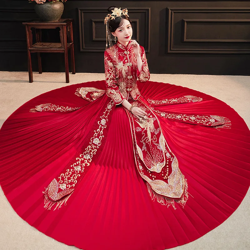 

Women Vintage Phoenix Embroidery Formal Dress Royal Wedding Cheongsam Bride Chinese Traditional Tang Suit Qipao