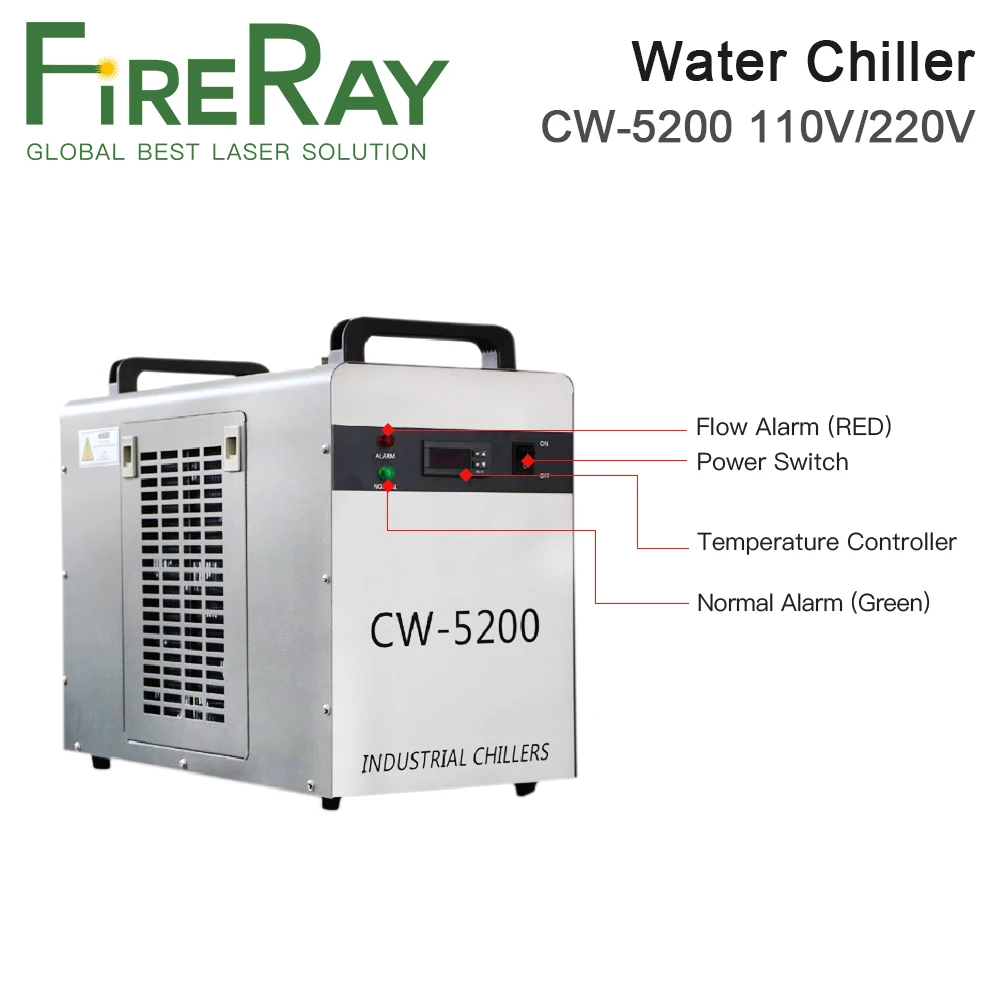 Fireray CW-5200 산업용 물 냉각기, CO2 레이저 조각 절단기 냉각, 레이저 튜브, 5200W, 110V, 220V, 60W, 80W