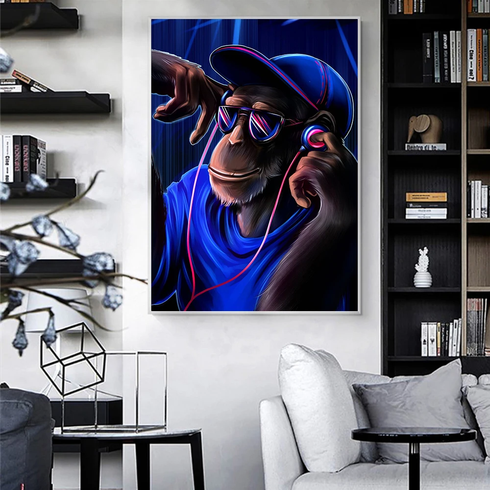 Headphone Music Monkey Canvas Painting Animal Posters and Prints Wall Art Pictures Cuadros for Living Room Home Decor Unframed