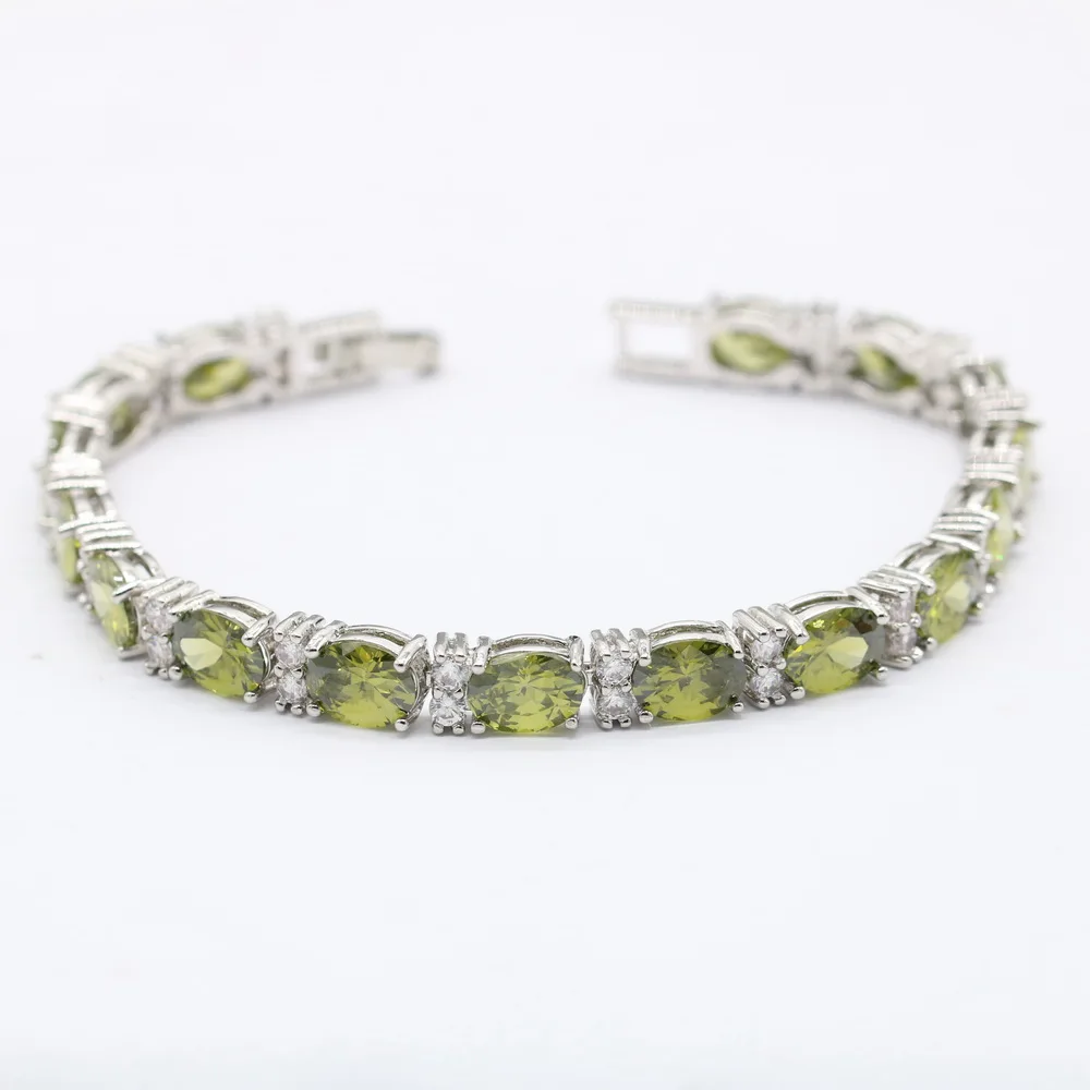 Hot Sell Silver Color Jewelry For Women  Olive Green Cubic Zirconia Fashion Link Chain Bracelets Length 19cm Free Box