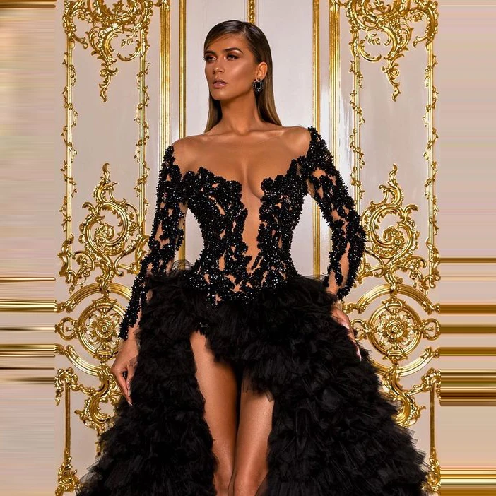 Luxury Black Prom Dresses Illusion Beaded Tiered Tulle High Front Slit Long Sleeves A-line Custom Made Formal Gowns