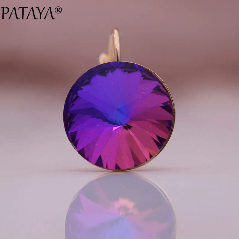 PATAYA New Blue Glass Zircon Round Dangle Earrings 585 Rose Gold Color Noble Women Earrings Wedding Luxury Fine Fashion Jewelry