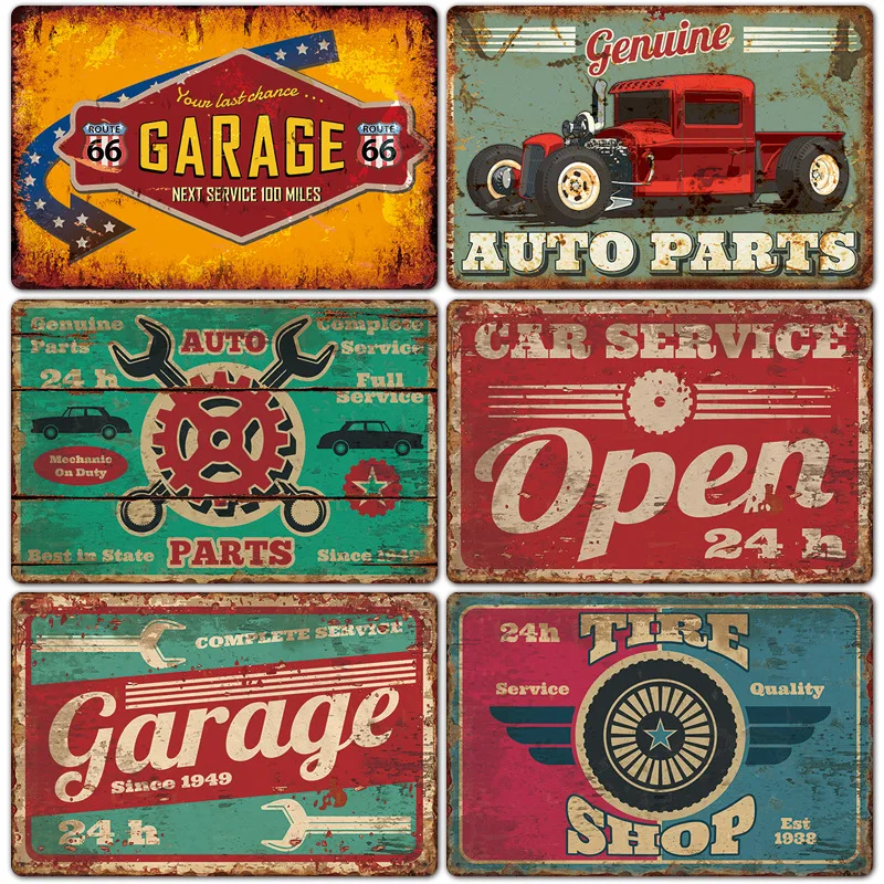 Dad\'s Garage Metal Tin Signs Poster Vintage Route 66 Car Metal Tinplate Retro Plaque Garage Tire Shop Wall Art Decor 20x30cm