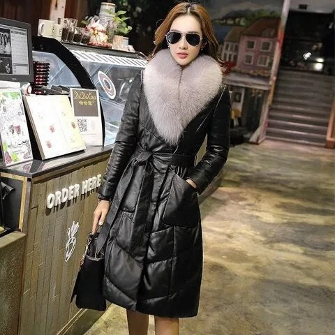 Women Leather Jacket Genuine Winter Sheepskin Coat Real Fox Fur Collar Long Womens Down Cotton Coats Parka PYR001 KJ4655