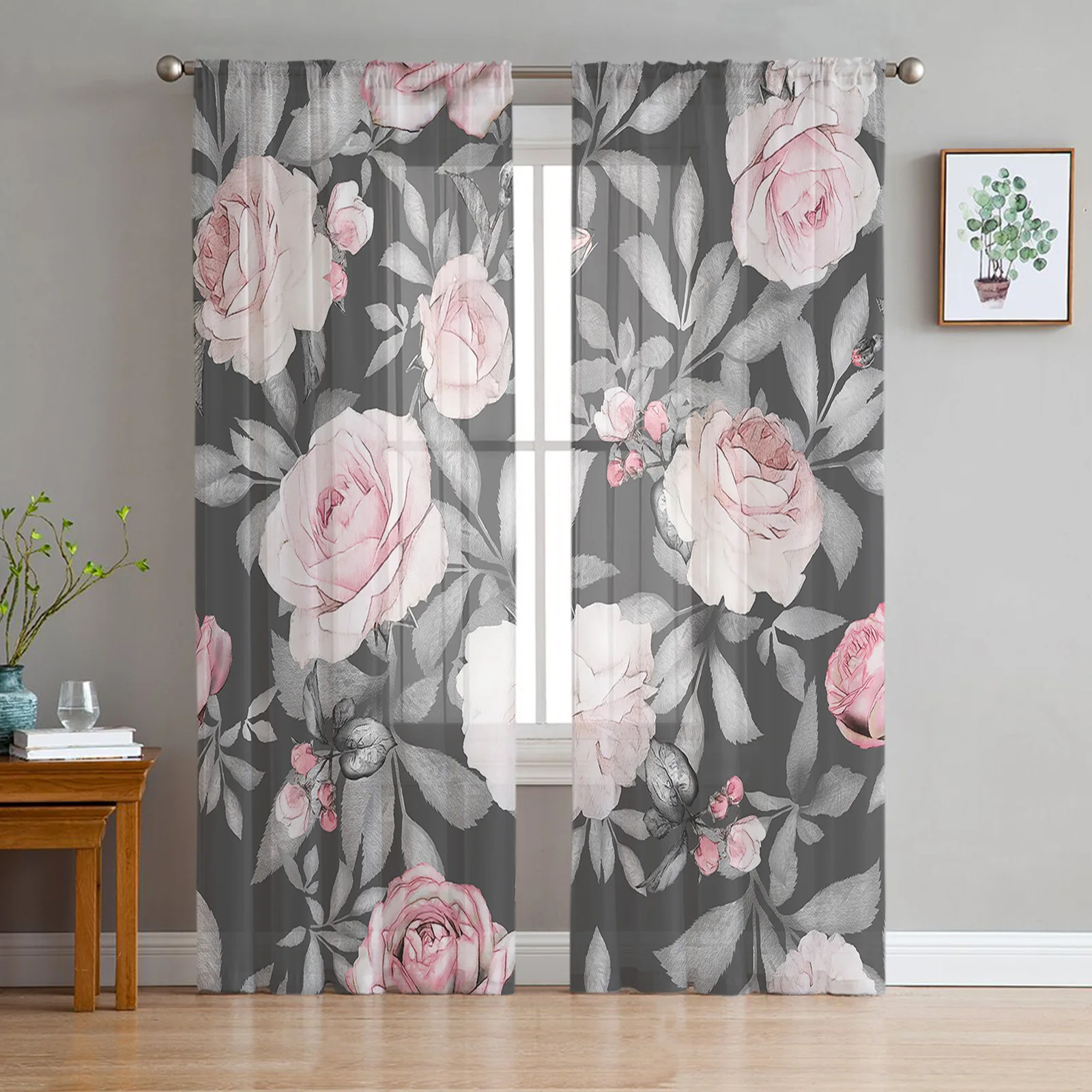 

Pink Rose Plant Flower Art Curtain For Living Room Transparent Tulle Curtains Window Sheer For The Bedroom Accessories Decor