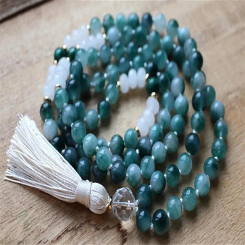 6mm Flower green jade White jade 108 Beads Mala Necklace spirituality yoga Chakas Handmade Lucky Healing fengshui Unisex energy