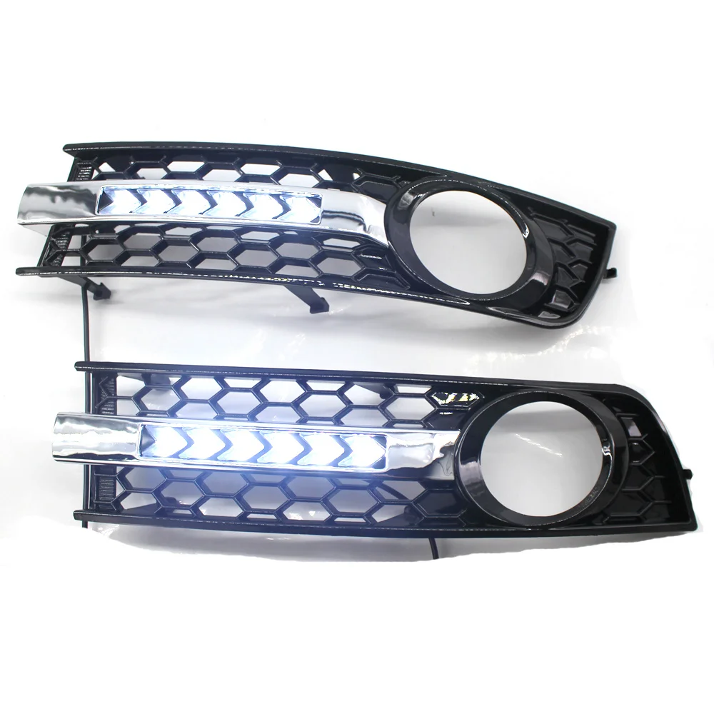 1 Pair Car Front Fog Light Grille Flowing LED DRL Daytime Running Light Turn Signal Lamp Mesh Cover Grilles For A4 B6 2001-2005