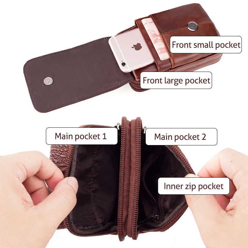 Minimalist Commuting Leather Phone Waist Bag with Belt 5.56-Inch Mini Waist Retro Cowhide Crocodile Pattern Waist Bag for Men