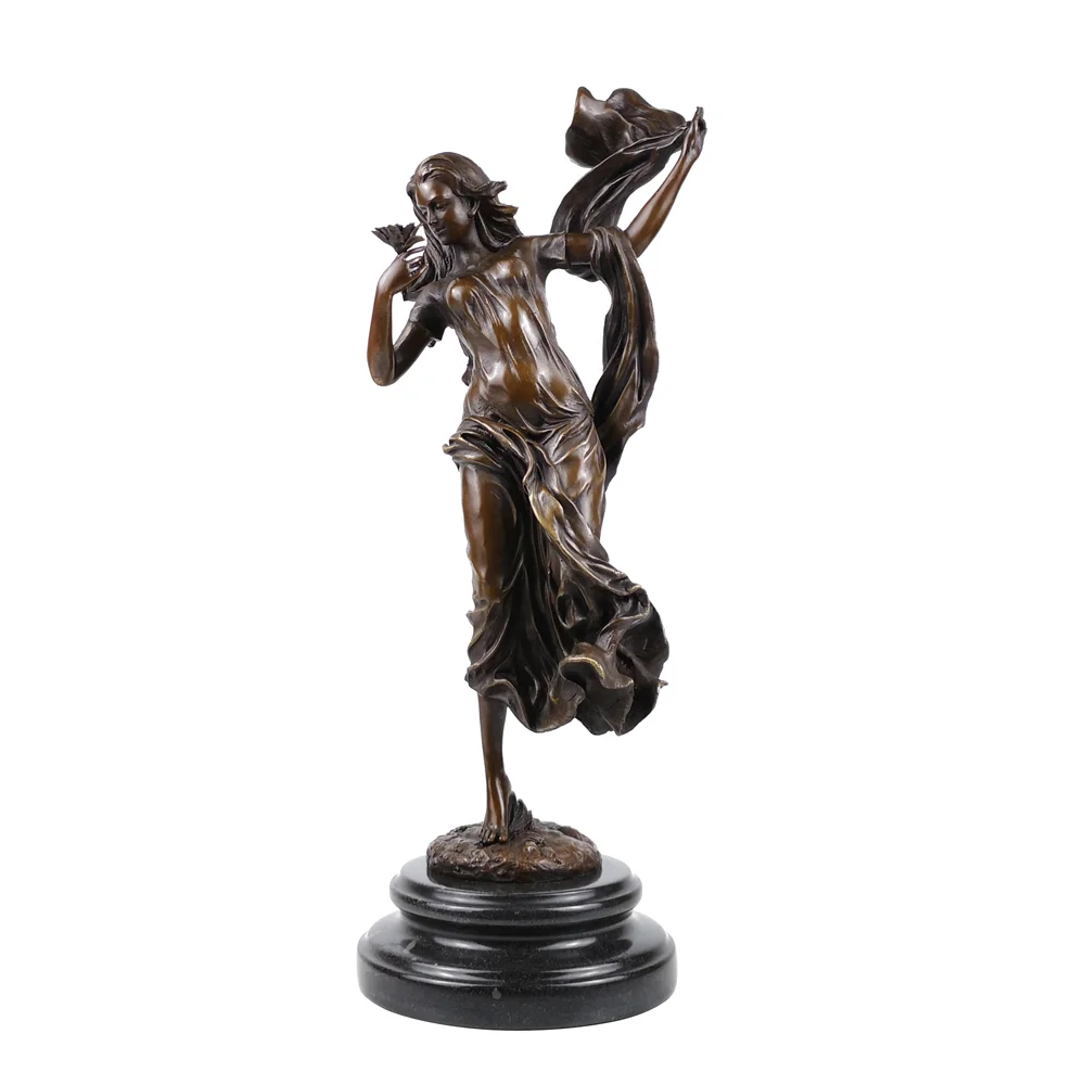 Bronze Sculpture Flower Woman Statue Gorgeous Western Female Art Marble Base Home Decor Gift