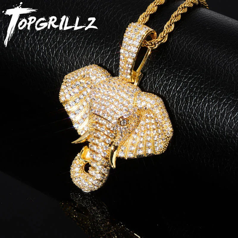 

TOPGRILLZ Iced Out Cubic Zircon Bling Animal Elephant Necklace & Pendant Men Women Hip Hop Rock Jewelry CZ Necklace For Gifts