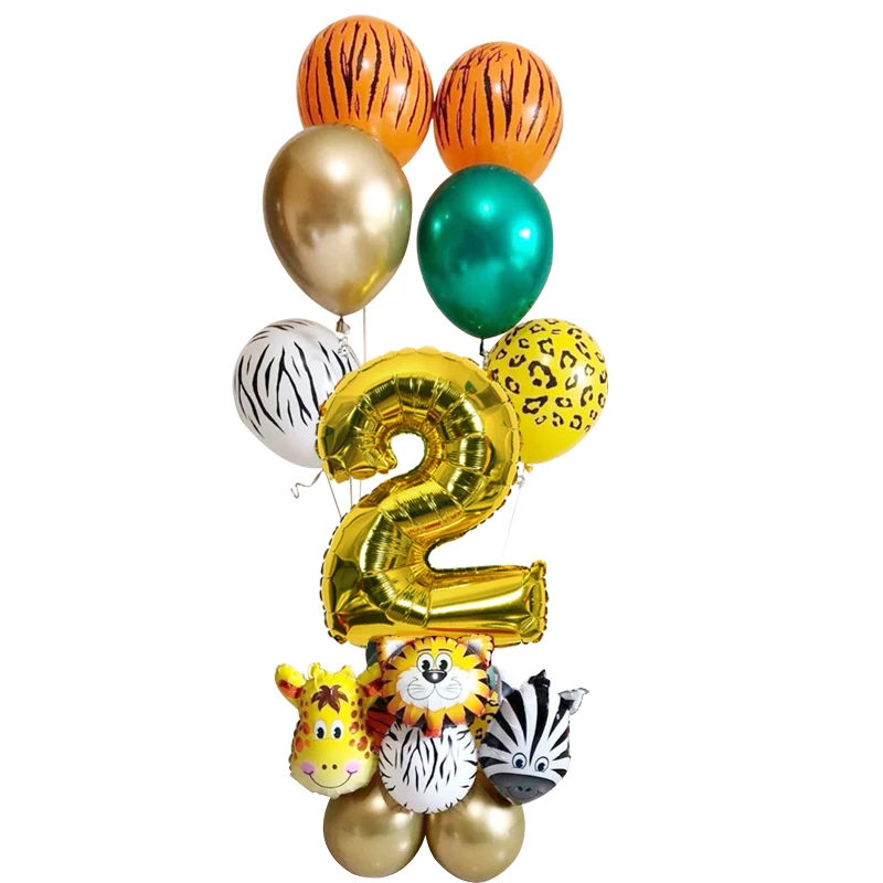 19pcs Jungle Animal Tiger Giraffe Zebra Balloons Cartoon Figure gold Digital globos Birthday Party Decorations Kids Baby Shower