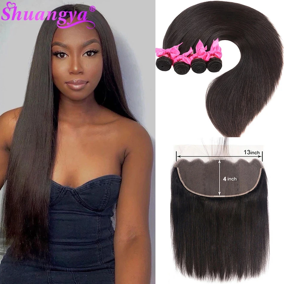 

Shuangya hair Indian Bone Straight Bundles With Frontal Remy Human Hair Bundles With Closure High Quality Bundles With Closure