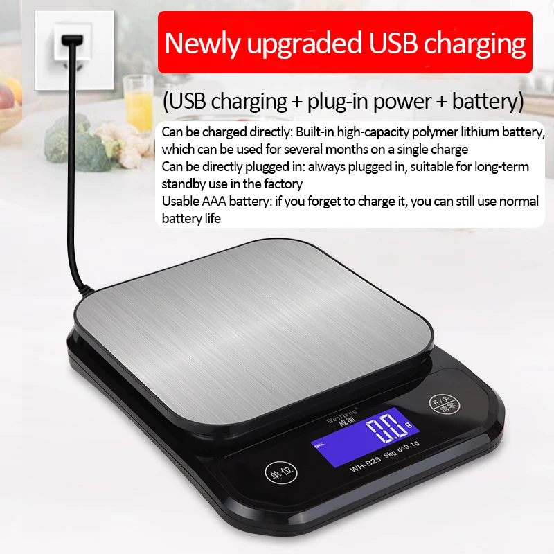 Imagem -03 - Usb de Carregamento Digital Cozinha Escala Ip67 à Prova Dip67 Água de Aço Inoxidável Balança de Peso Comida Dieta Eletrônica 10kg 1g 5kg 0.1g