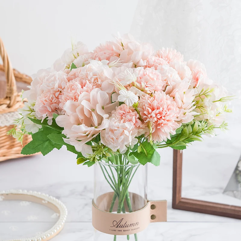 

Hydrangea Artificial Flowers Silk Ball Chrysanthemum Home Decoration Living Room Fake Flowers Pink Bouquet Christmas Wedding