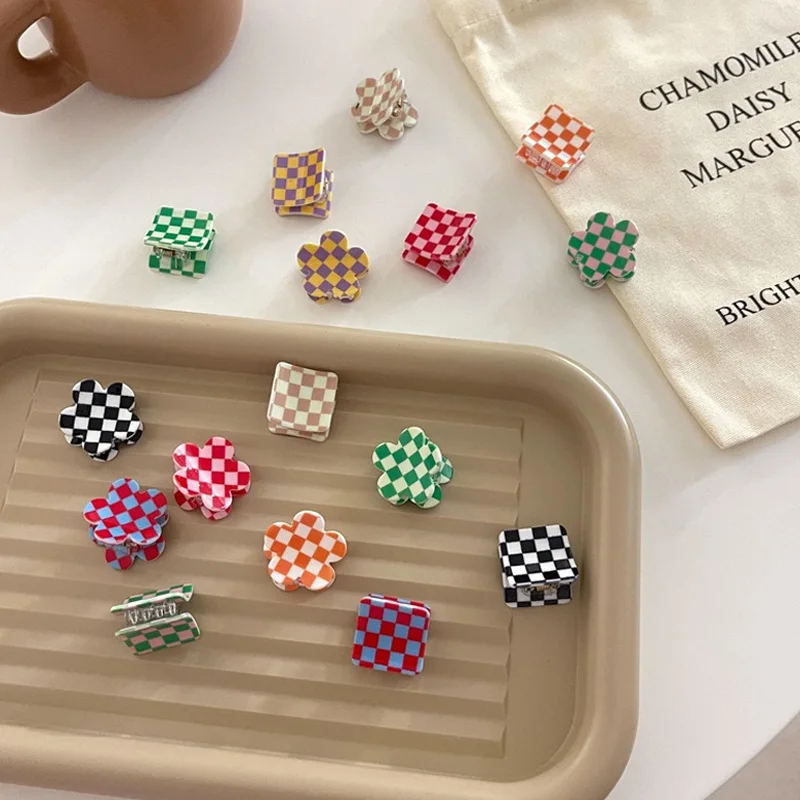 Mini Cute Plaid Chessboard Small Hair Clips Flower Plastic Hairpins Girls Ponytail Fashion Geometric Hair Accessories Headwear