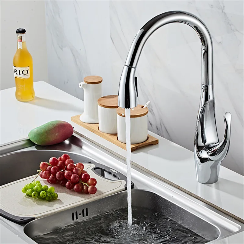 Tuqiu Nickel Kitchen Faucets Chrome Pull Out Kitchen Faucet Tap Single Hole Rotating Sink Faucet Water Mixer Tap Mixer Tap