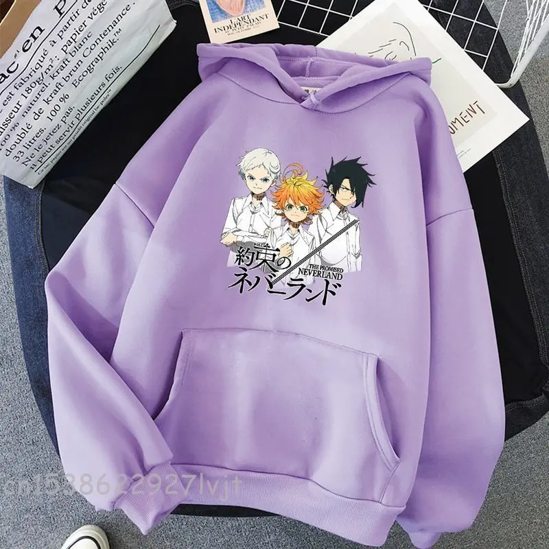 The Promise Neverland Print Kawaii Warm Harajuku Pink Tops Unisex Anime Hoodies Sweatshirt Women Pattern Casual Pullover Winter