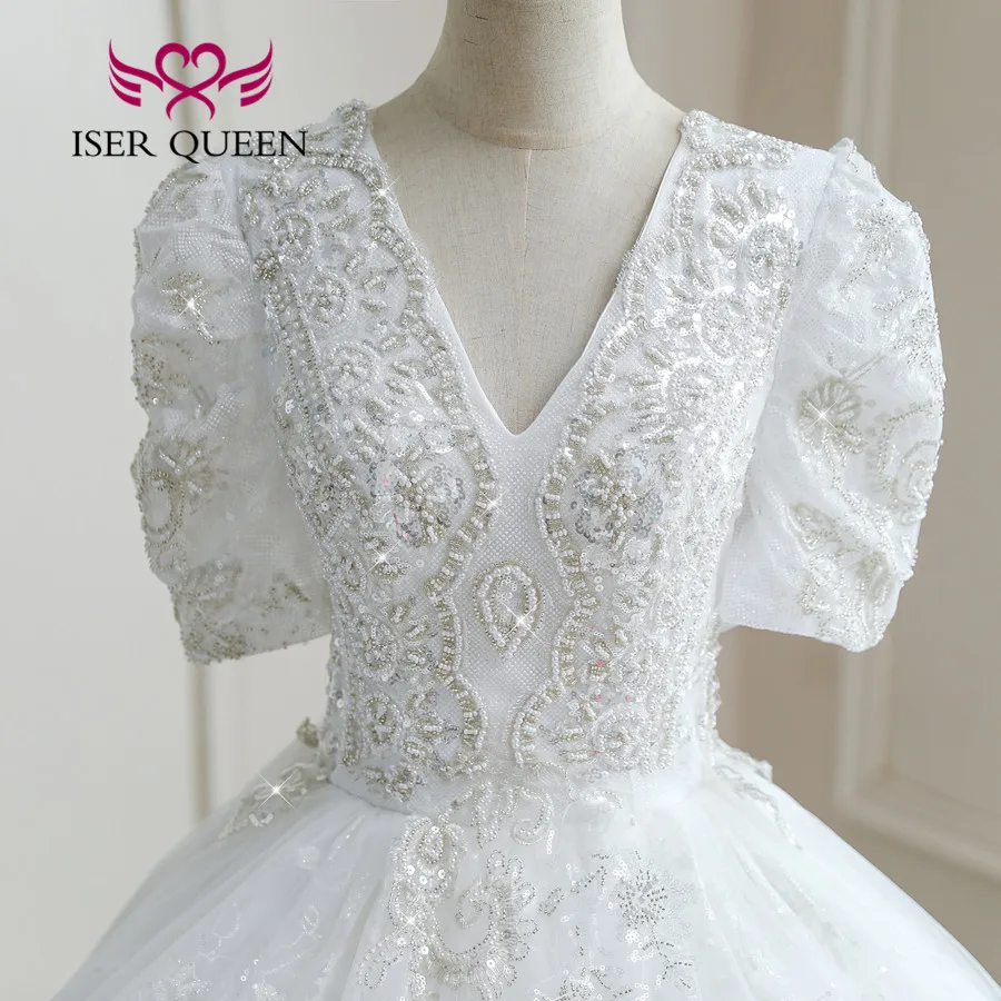 カスタムレースのボールガウン,半袖,Vネック,パール,ウェディングドレス,ファッション,ラージサイズ,wx0280