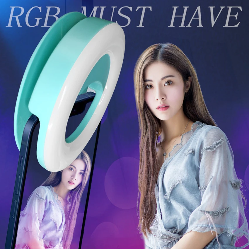 แหวนไฟเซลฟีของโทรศัพท์แสงเย็น/RGB แบบหนีบชาร์จไฟได้สำหรับถ่ายภาพสมาร์ทโฟนกล้องวิดีโอ