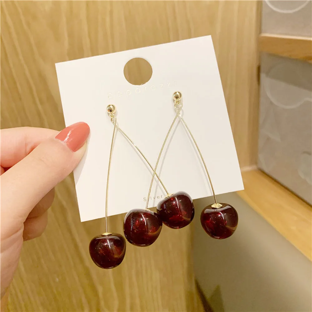 Fashion Red Cherry Drop Earring Sweet Fruit Long Earrings for Women Lady Gift Retro Jewelry Simulation Cherry Dangle Earring