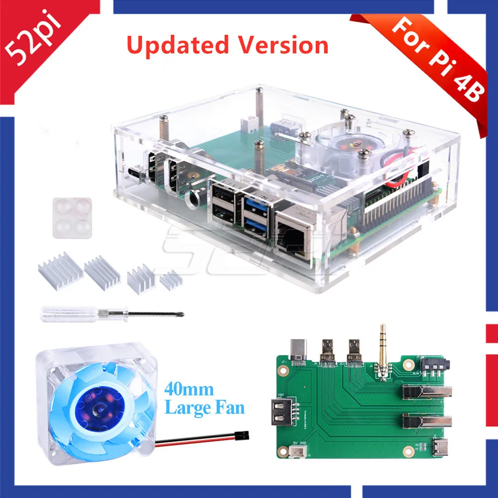 

52Pi New Version Acrylic Set-Top Box Kit With 4010 Blue LED Light Fan And All Aluminum Heat Sink For Raspberry Pi 4B