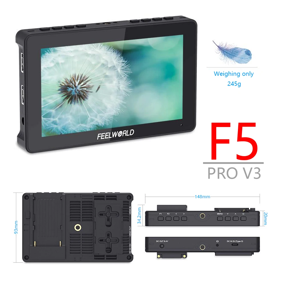 FEELWORLD F5 Pro V3 5.5 Inch 3D LUT Touch Screen DSLR Camera Field Monitor 4K HDMI Input Output Wireless Transmission LED Light