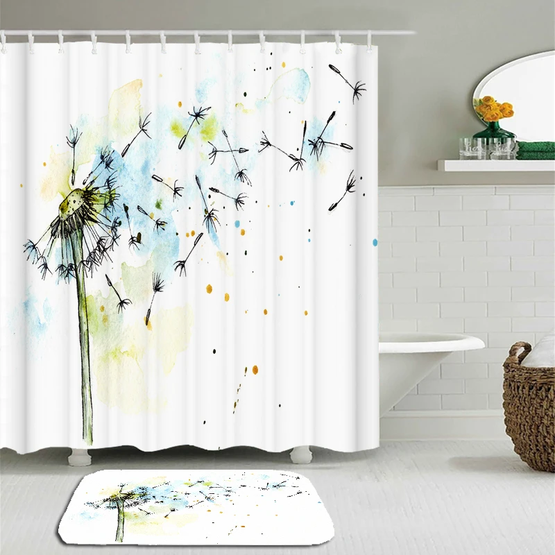 2pcs/set Dandelion Flowers Plant leave Print Shower Curtain Set Waterproof Bath Curtains Non-slip Mat Toilet Bathroom Floor Mat