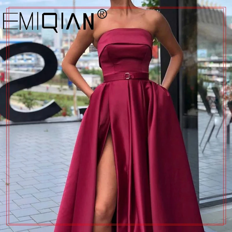 

Вечерние платья для выпускного вечера без бретелек с высоким разрезом Vestido De Festa Robe De Soiree Розовое атласное сексуальное длинное вечернее платье без бретелек