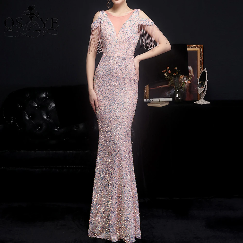 QSYYE Sparkle Pink Evening Dress Sequin Evening Gown Fitted Glitter Shiny Side Sleeves Party Dress Mermaid V Neck Formal Gown