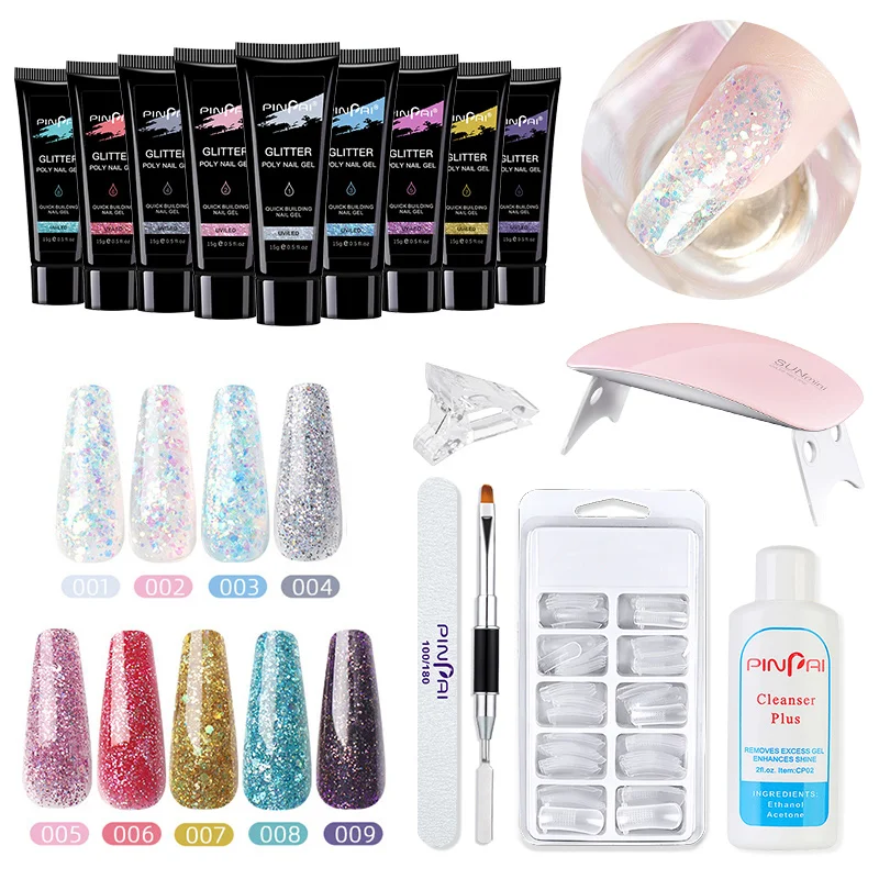 

7pcs Glitter Poly Nail Gel Kit With Lamp UV Extension Builder Crystal Gel Set Nail Art Polygels Kit Set Nail Acrylic Gel Kit