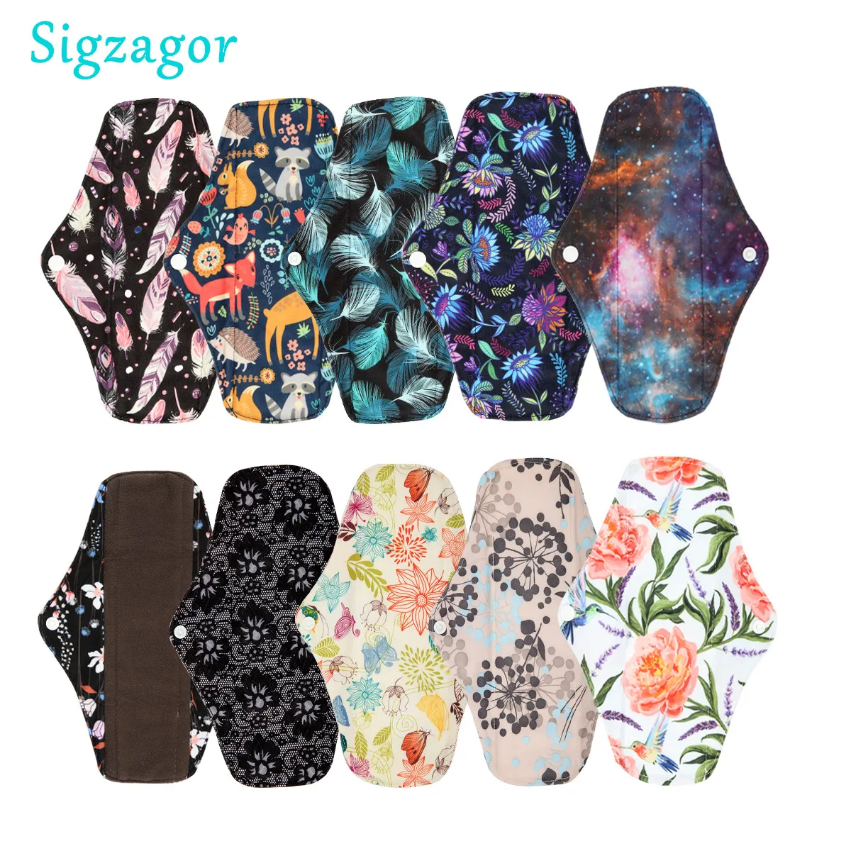 [Sigzagor] 1 forro de panty largo, reutilizable, lavable, carbón, almohadilla de tela para mamá de bambú, almohadilla de maternidad Menstrual, 10 pulgadas/25 cm, 11 diseños