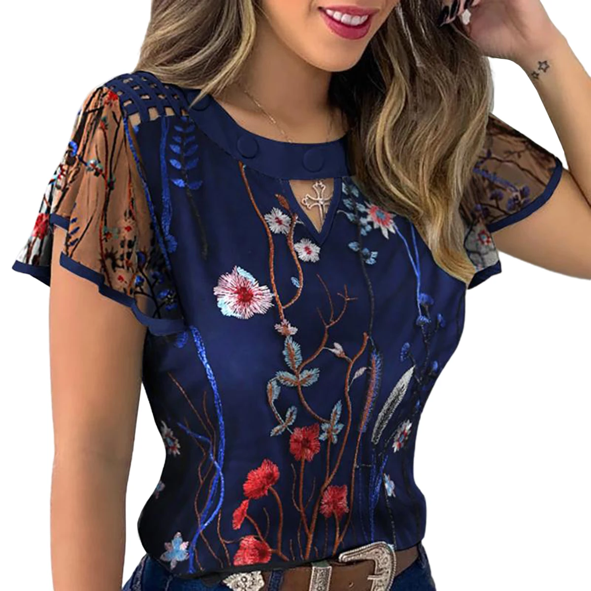 4 Styles Sexy Women Ruffle Sleeve Tops Pullover Dot Polk Embroidery Floral Print Blouse Ladies OL Casual Chiffon Jumper Tee