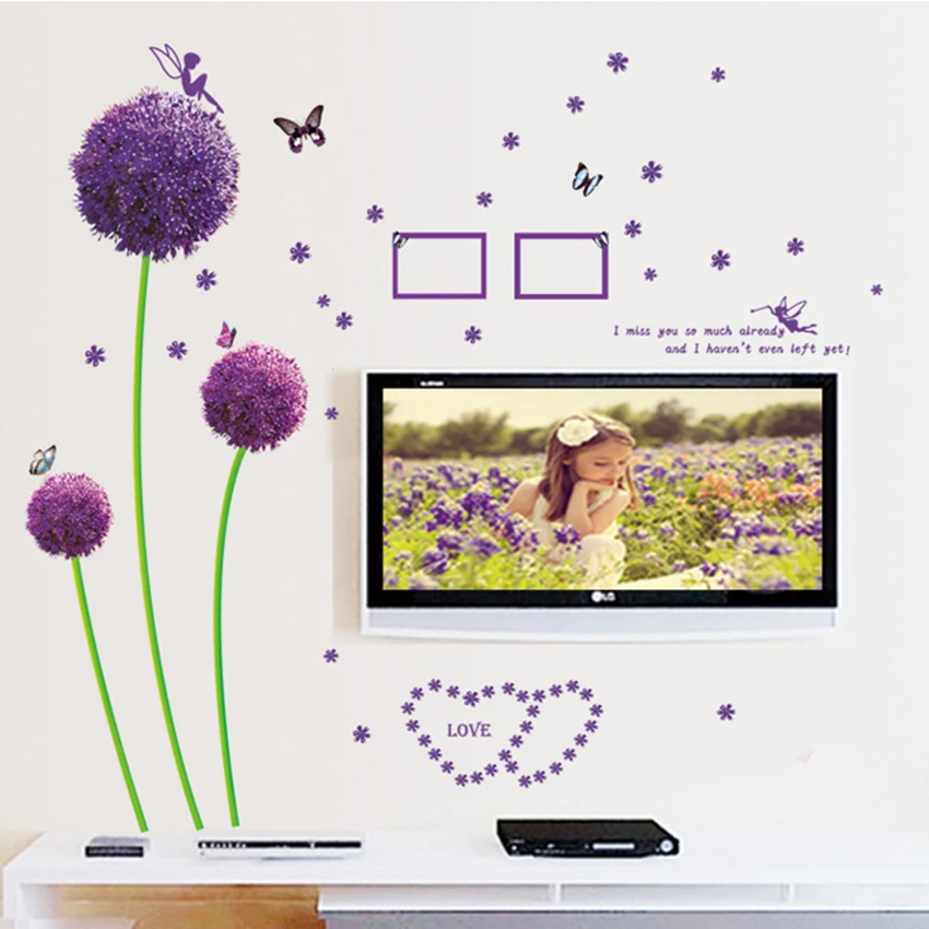 Purple Dandelion Wall Stickers Love Quotes Photo Frame Vinyl Decals Home Decorations for Living Room Bedroom Flowers Wallpaper