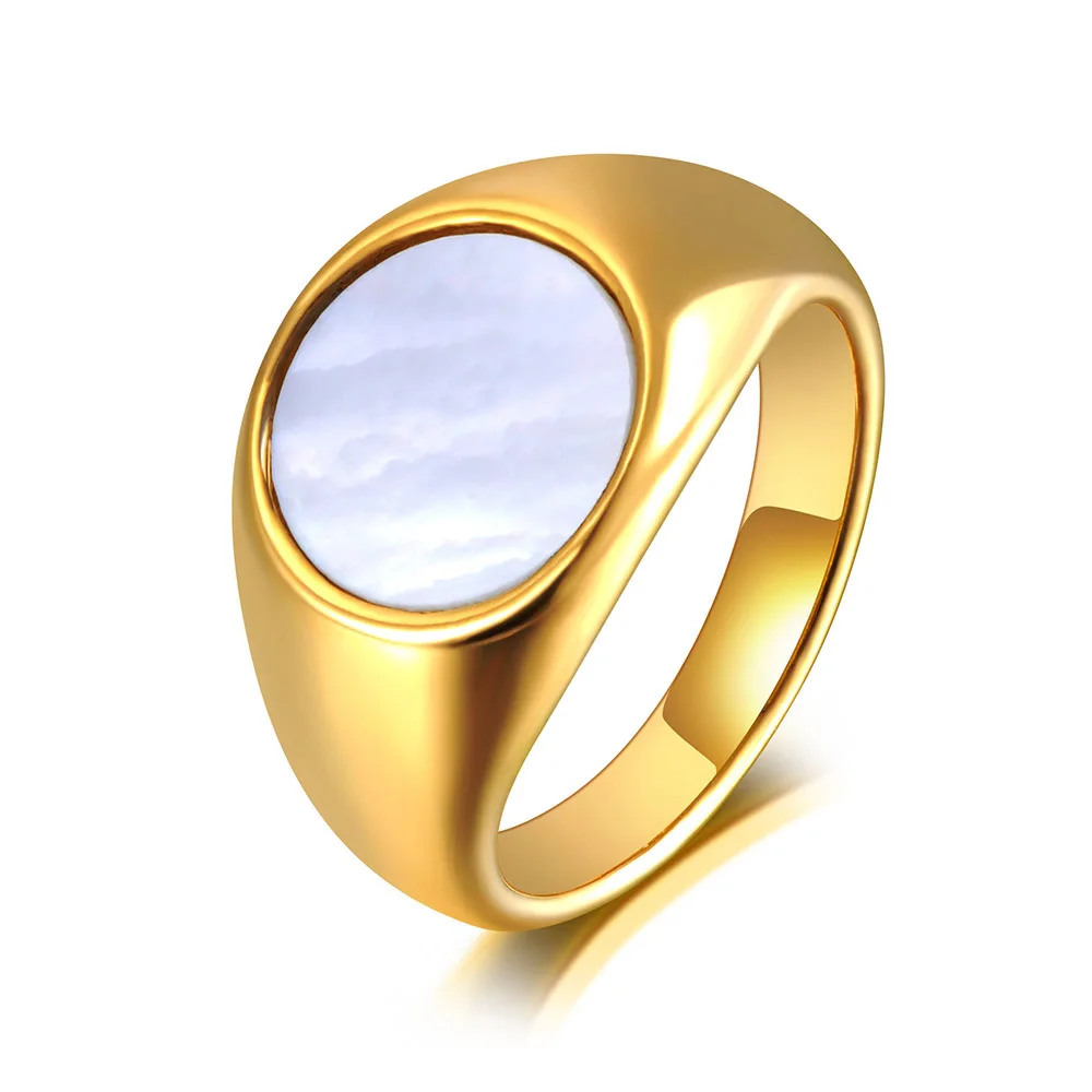 JeeMango Trendy Titanium Stainless Steel Fine Brand White Shell Rings Bridal Wedding Engagement Ring Jewelry For Women JR20069