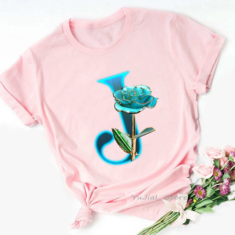 Music Note Flower J Print Tshirt Women 26 Alphabet Letter T Shirt Femme Summer Fashion Female T-Shirt Short Sleeve Shirt