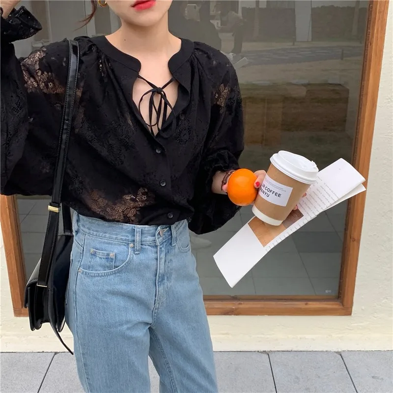 2021 Spring Women Shirts Fashion Carved Lantern Long Sleeve Autumn Black Lace Shirt Tops Loose Blouse Cardigan Clothes 10202