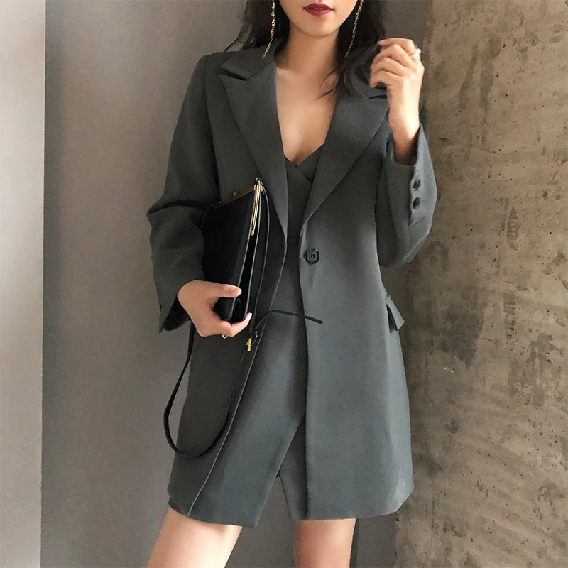 2024 Spring Autumn Women Two Piece Sets Blazer Jackets+ Lace Up Sleeveless Mini Dress Green 2 Pieces Jacket Dresses Suits