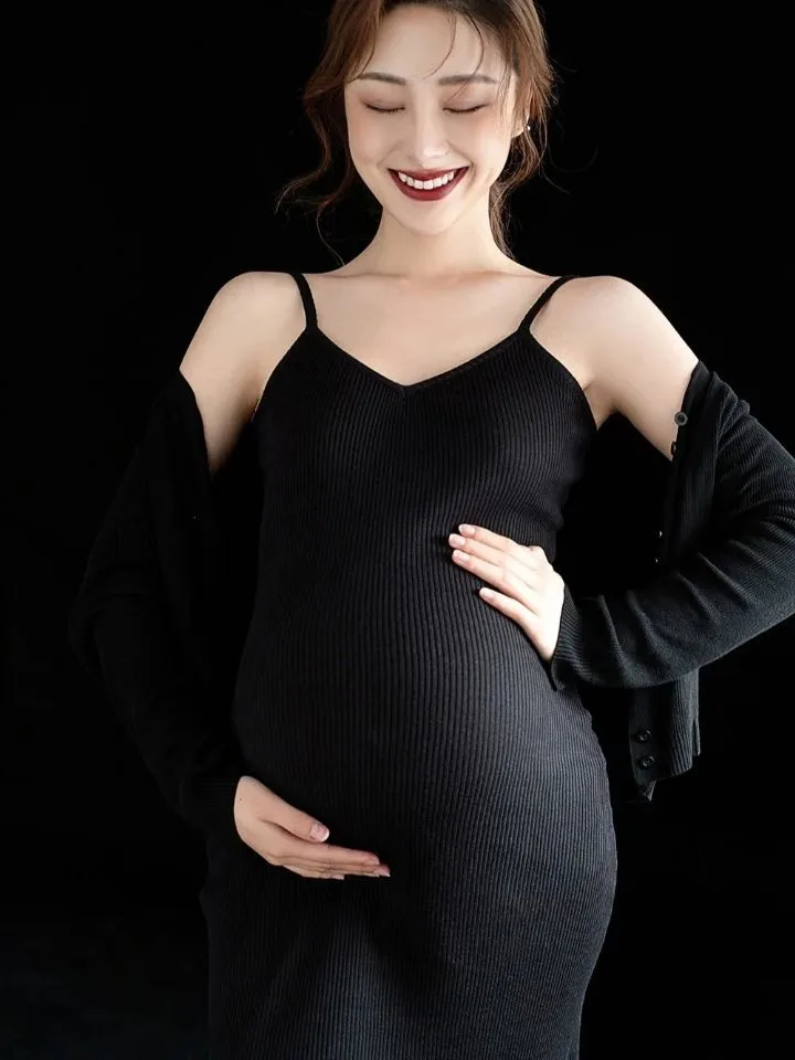 Black Knitted Maxi Maternity Dress for Photography Props Elegant Pregnancy Clothes Pregnancy Dress Pregnant Photo Shoot Clothing