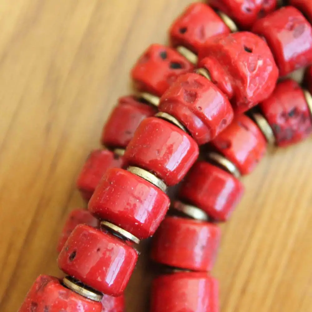 NK223 Ethnic Tibetan Red Lampwork Glass Beaded Necklace Handmade Nepal 3 Rows Women Necklace