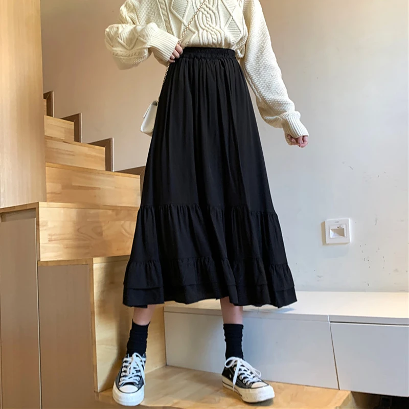 Solid Purple Casual Y2k Pleated Maxi A Line Black Skirt Ruffles Mujer Faldas High Waisted Korean Style Jupe Streetwear Clothing