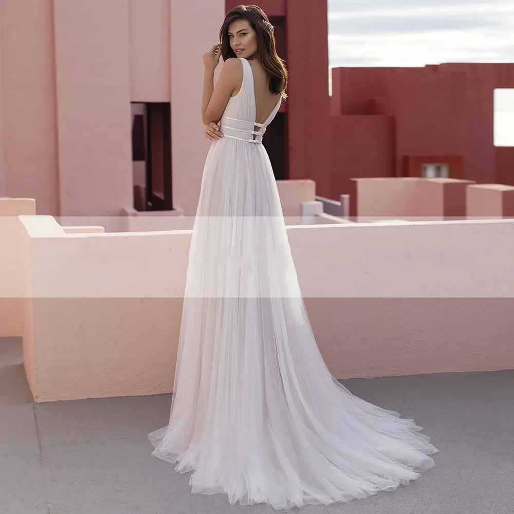 Vestido De Novia elegante De tul sin mangas, traje De Novia con escote en V profundo, Espalda descubierta, 2021