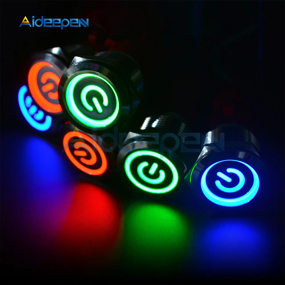 16mm 19mm 22mm red blue green Light 250V 5A Hot Car Auto Metal LED Power Push Button Switch Self locking Type On-off 9-24V