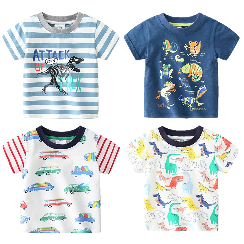 

2024 Summer 2 3 4 5 6 8 10 Years Children'S Clothing Dinosaur Car Striped Tees All Match Basic Tops Cartoon T-Shirt For Kids Boy